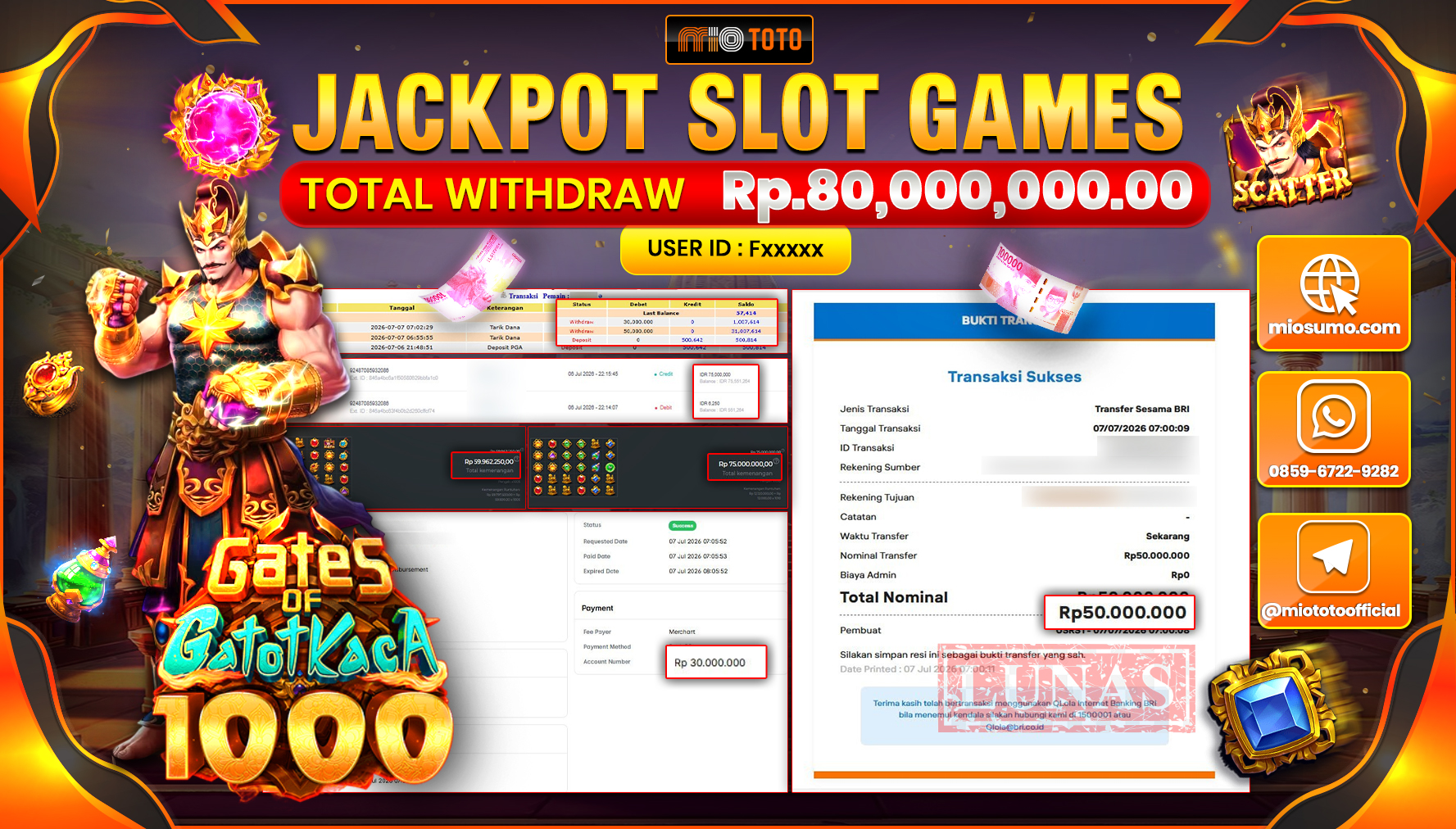 JACKPOT SLOT GATES OF GATOT KACA 1000 Rp.80,000,000 DI BAYAR TUNAI !!!