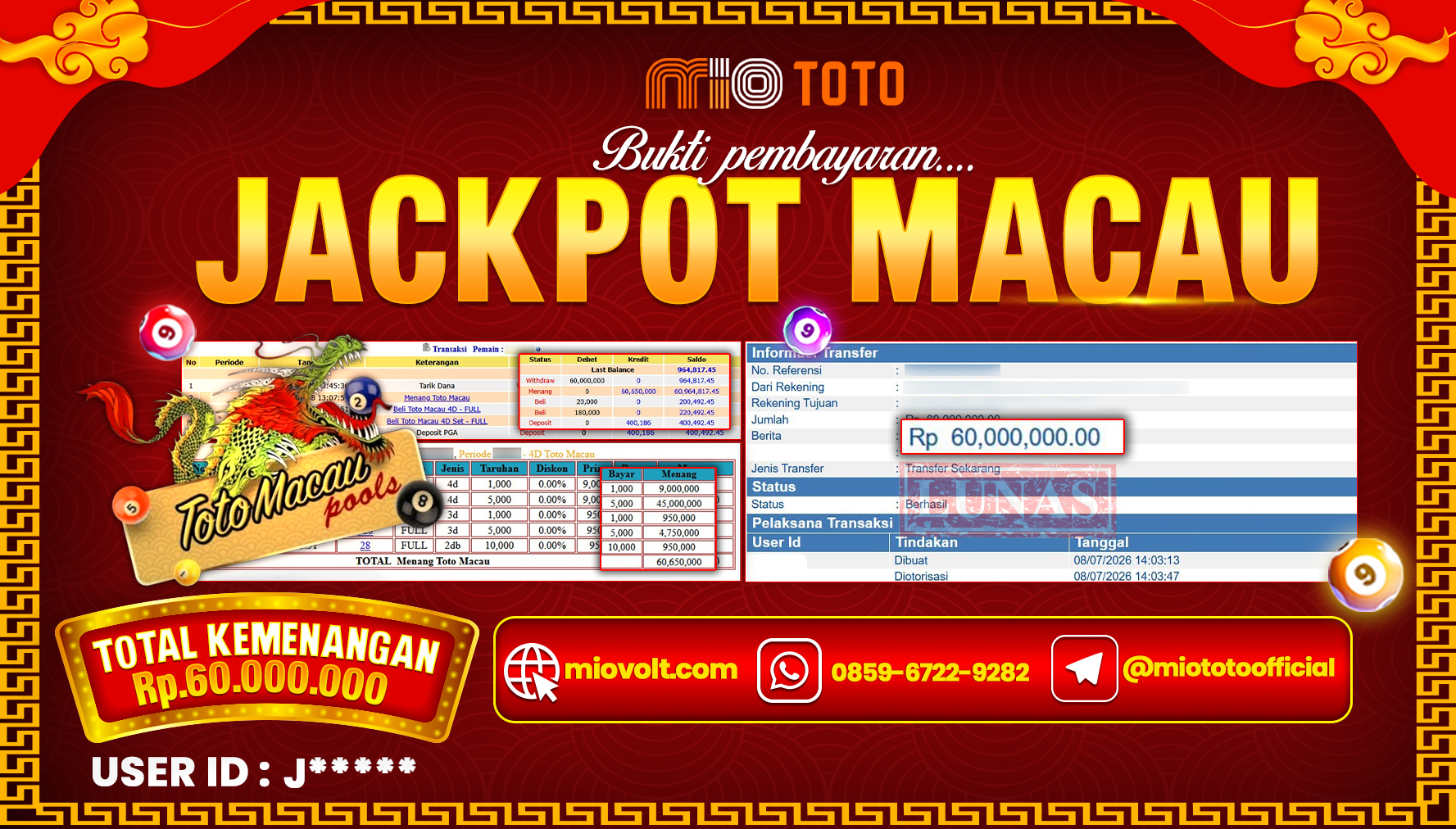 JACKPOT TOGEL TOTO MACAU 4D POOLS Rp.60,000,000 DI BAYAR TUNAI !!!