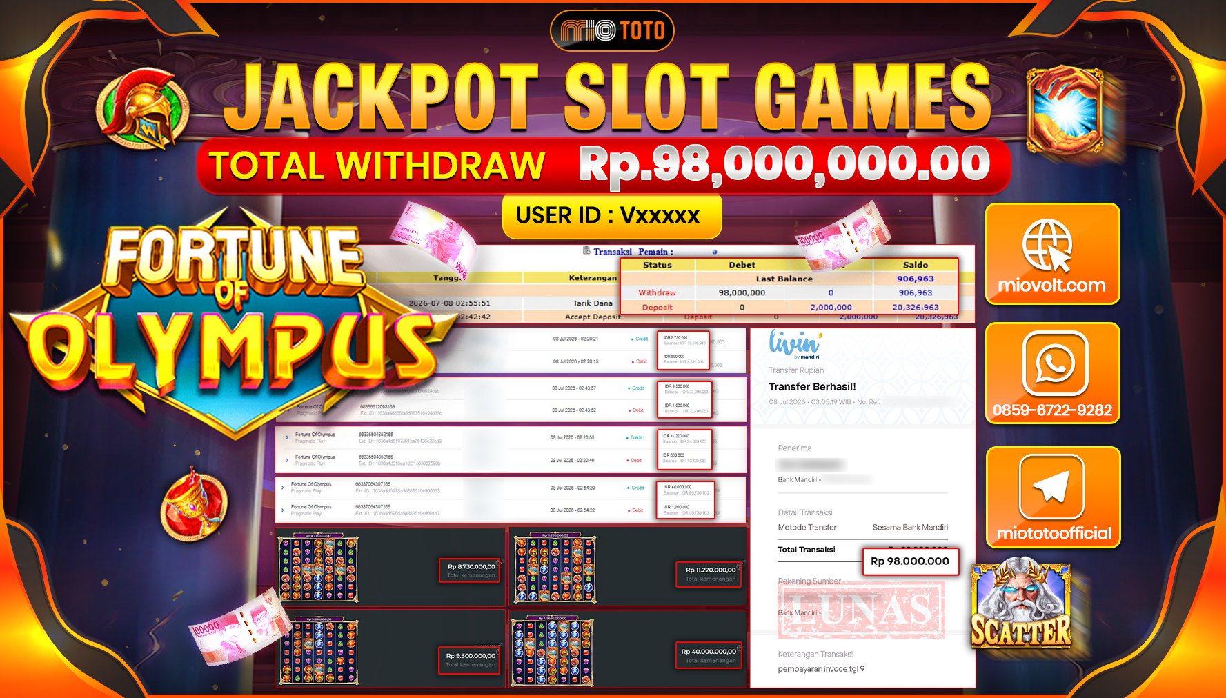 JACKPOT SLOT FORTUNE OF OLYMPUS Rp.98,000,000 DI BAYAR TUNAI !!!