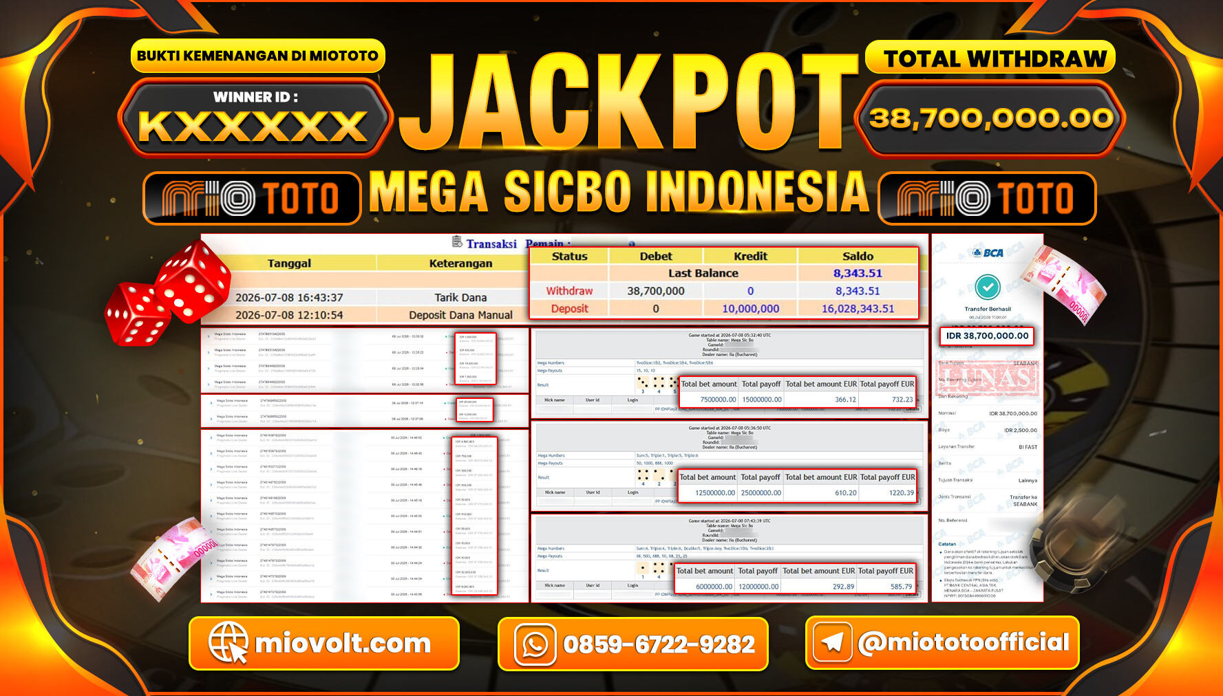 JACKPOT LIVE GAME MEGA SICBO INDONESIA Rp.38,700,000 DI BAYAR TUNAI !!!