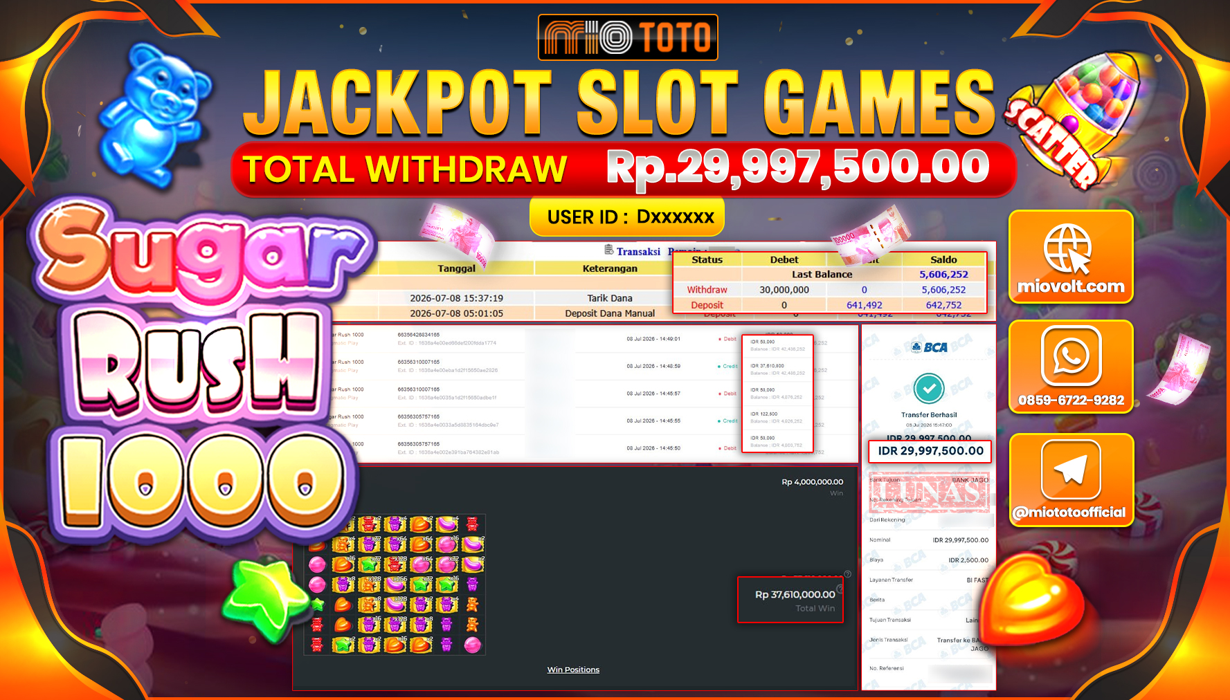 JACKPOT SLOT SUGAR RUSH 1000 Rp.29,997,500 DI BAYAR TUNAI !!!