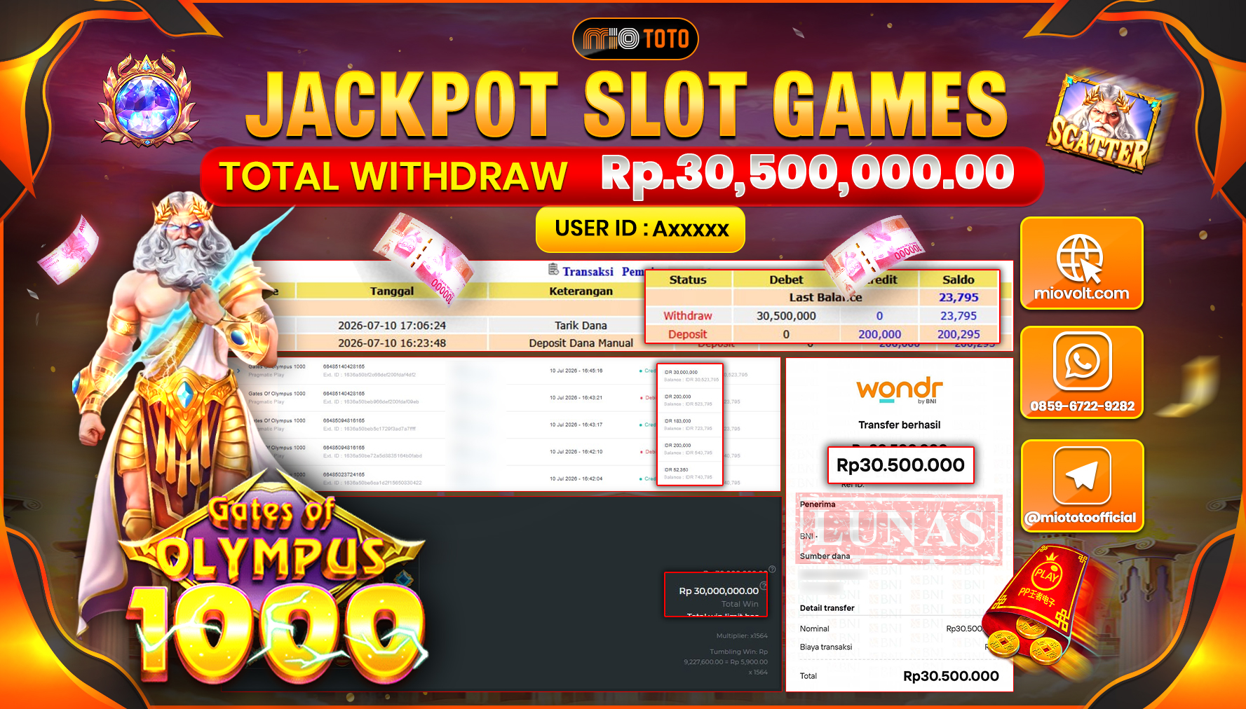 JACKPOT SLOT GATES OF OLYMPUS 1000 Rp.30,500,000 DI BAYAR TUNAI !!!