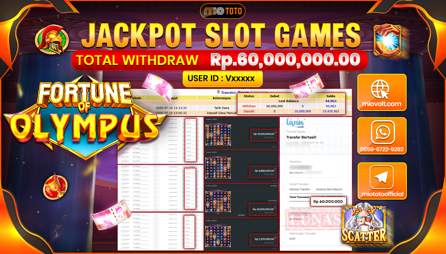 JACKPOT SLOT FORTUNE OF OLYMPUS Rp.60,000,000 DI BAYAR TUNAI !!!