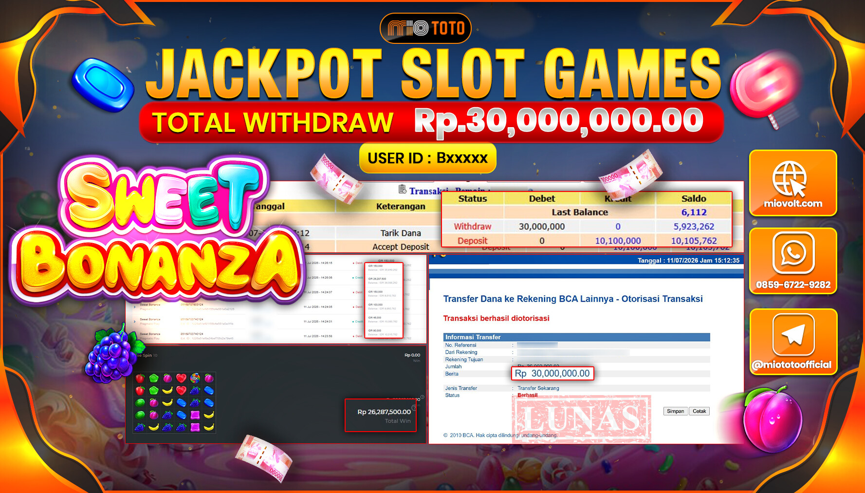 JACKPOT SLOT SWEET BONANZA Rp.30,000,000 DI BAYAR TUNAI !!!