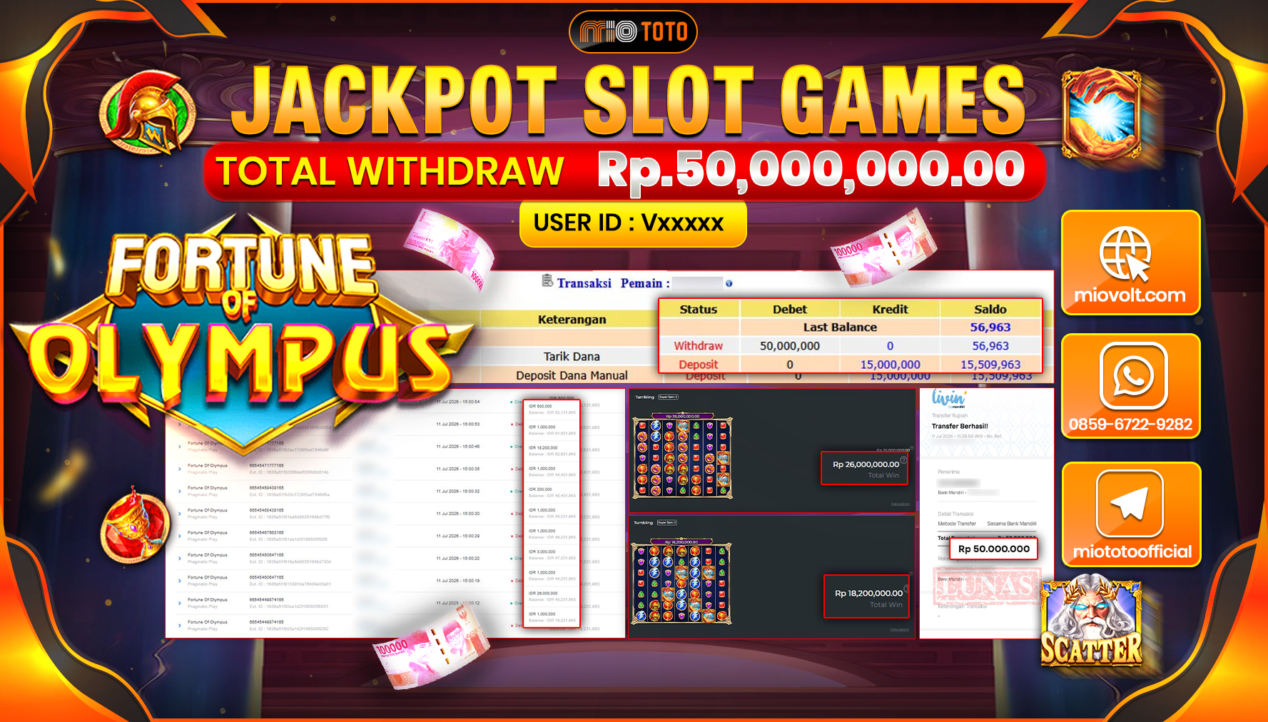 JACKPOT SLOT FORTUNE OF OLYMPUS Rp.50,000,000 DI BAYAR TUNAI !!!