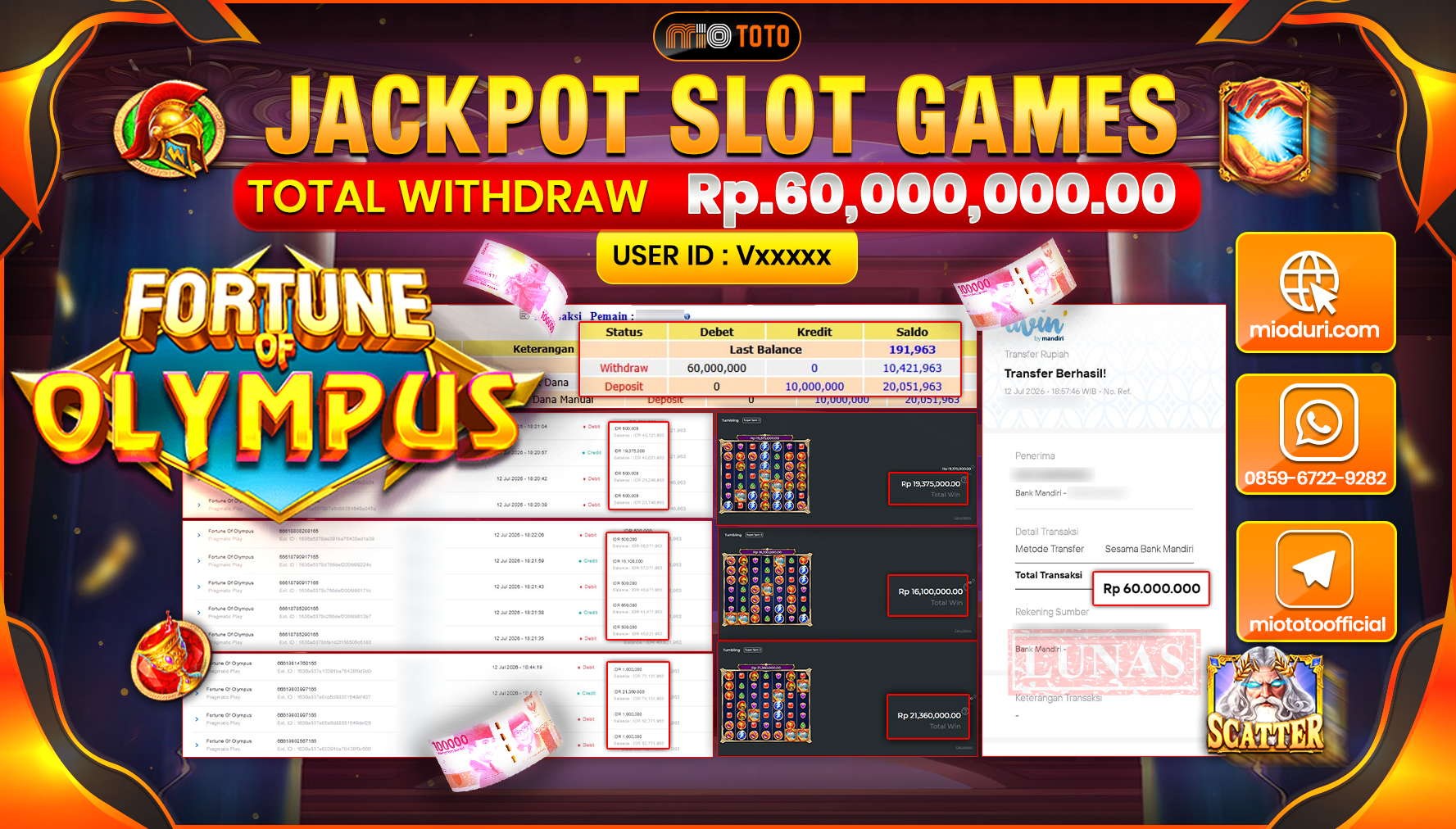 JACKPOT SLOT FORTUNE OF OLYMPUS Rp.60,000,000 DI BAYAR TUNAI !!!