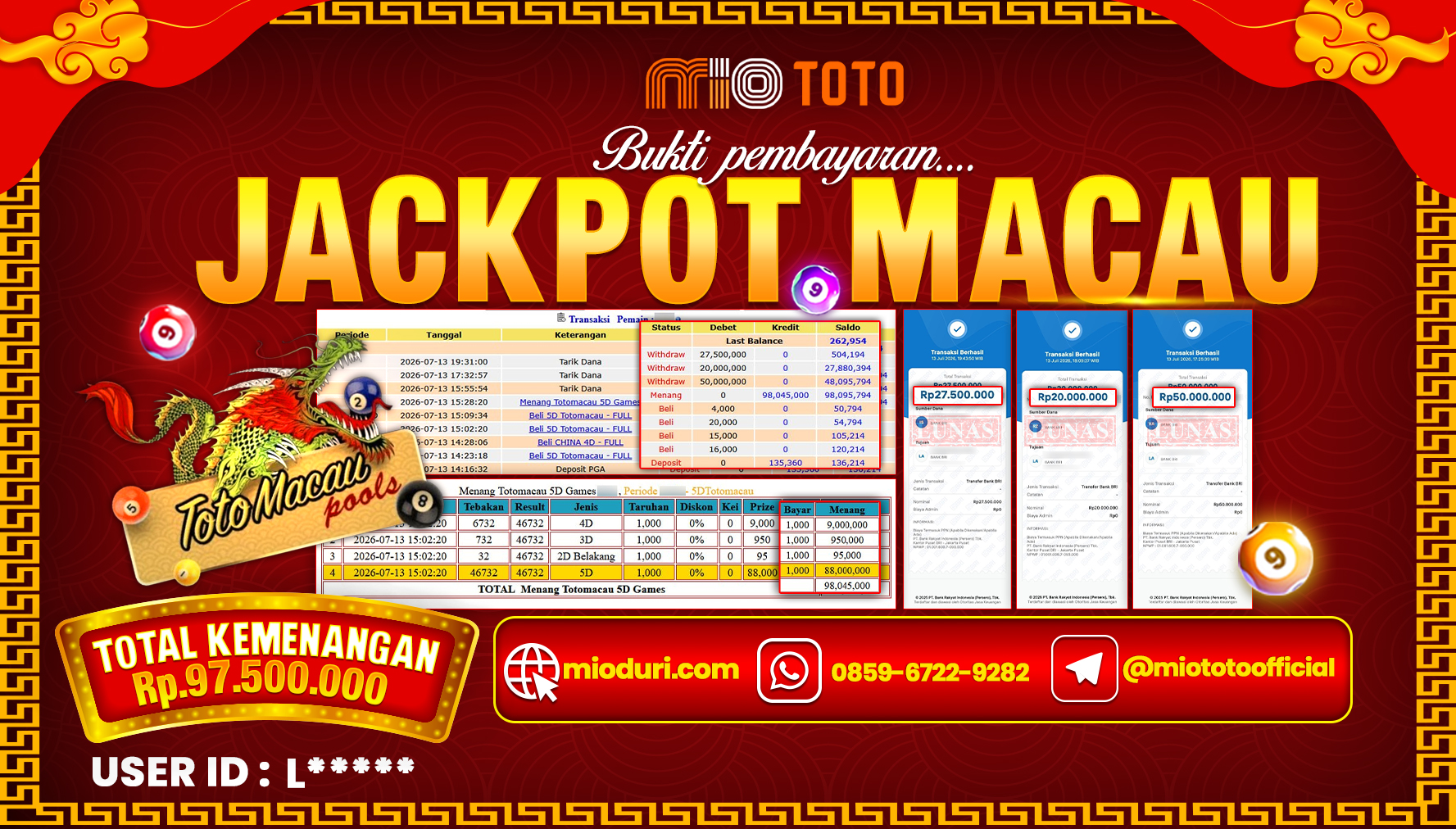 JACKPOT TOGEL TOTO MACAU 5D POOLS Rp.97,500,000 DI BAYAR TUNAI !!!