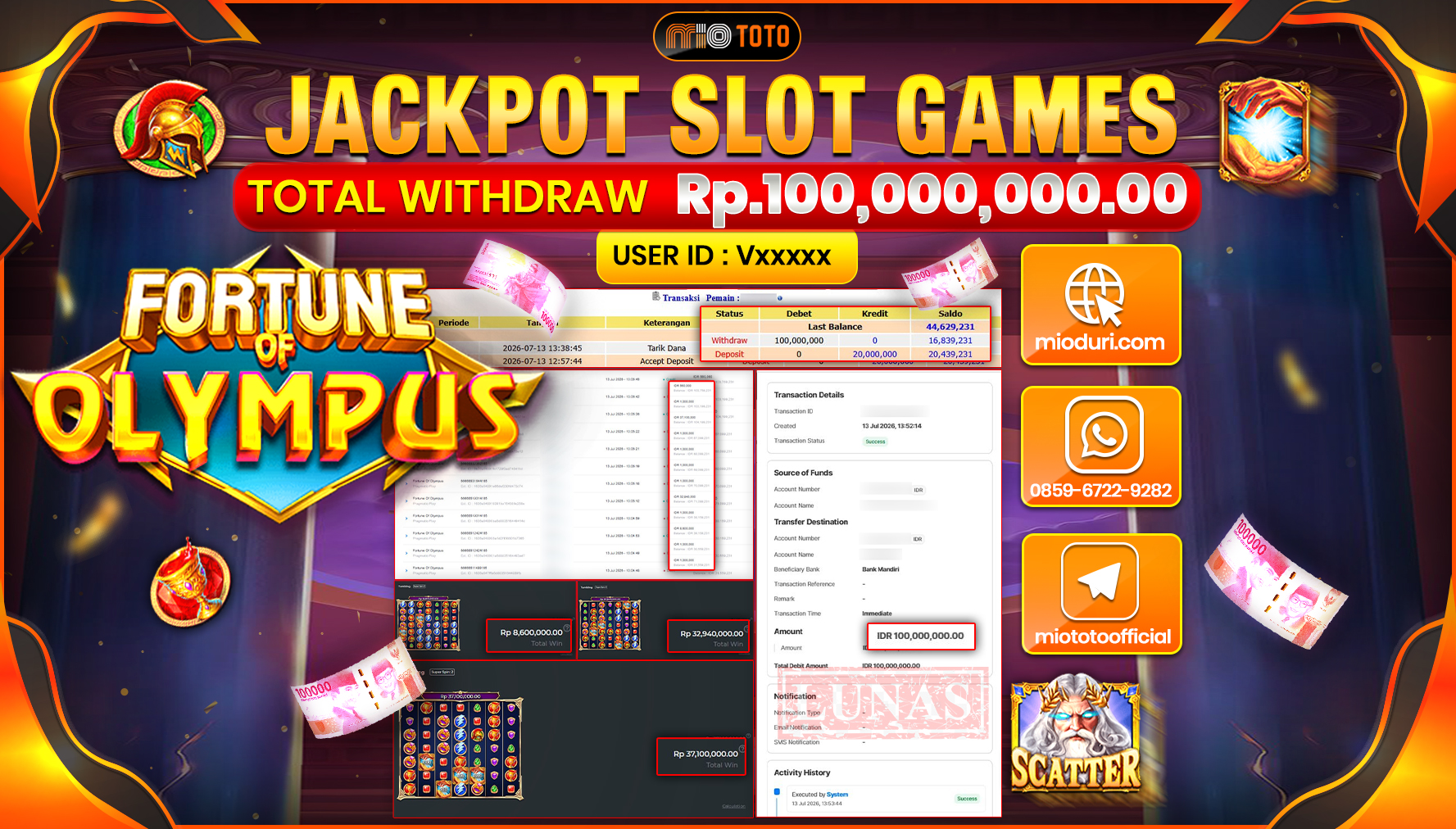 JACKPOT SLOT FORTUNE OF OLYMPUS Rp.100,000,000 DI BAYAR TUNAI !!!