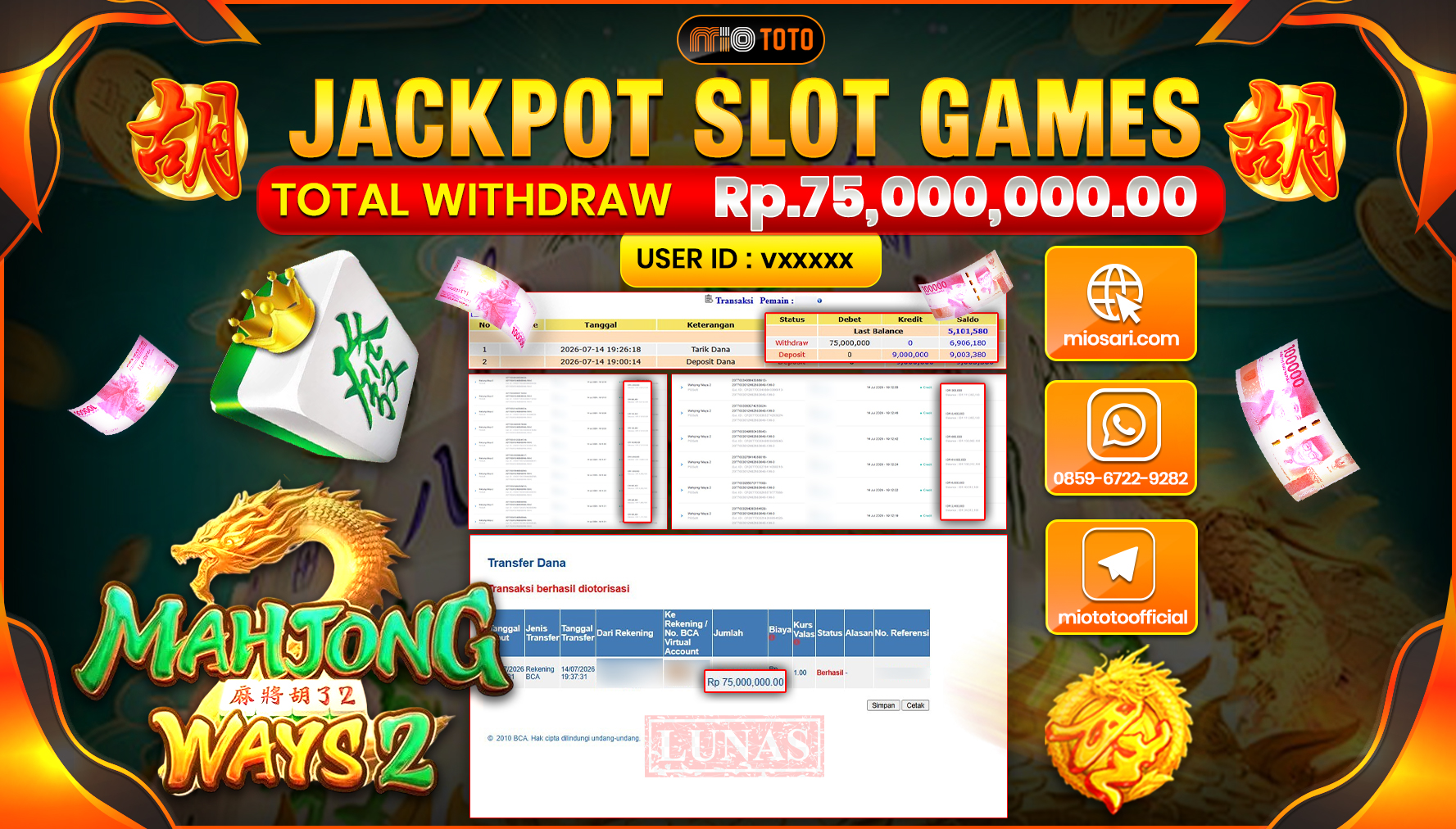 JACKPOT SLOT MAHJONG WAYS 2 Rp.75,000,000 DI BAYAR TUNAI !!!