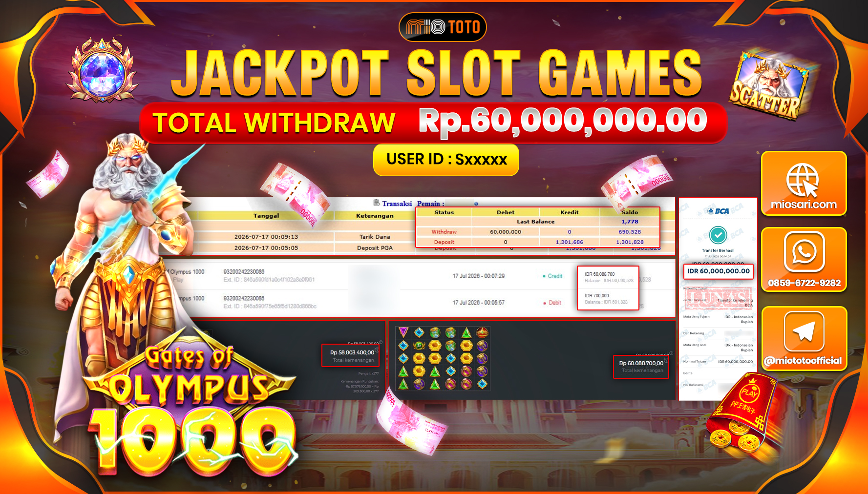 JACKPOT SLOT GATES OF OLYMPUS 1000 Rp.60,000,000 DI BAYAR TUNAI !!!