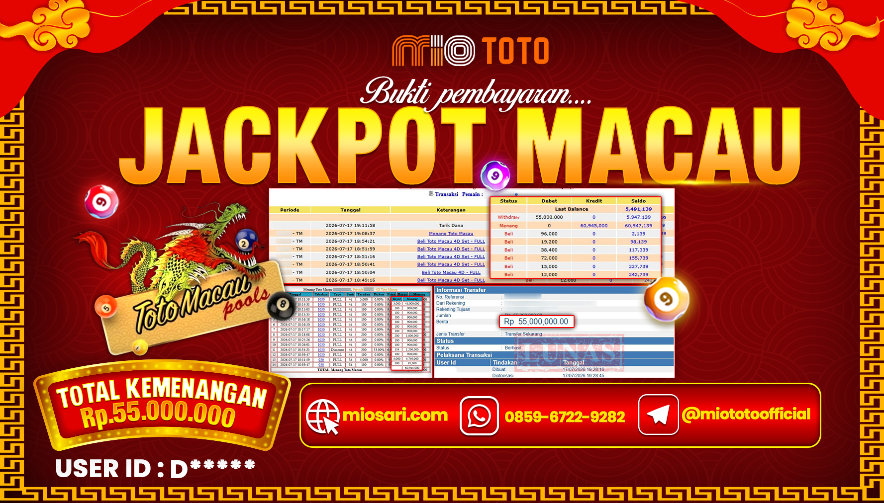 JACKPOT TOGEL TOTO MACAU 4D POOLS Rp.55,000,000 DI BAYAR TUNAI !!!
