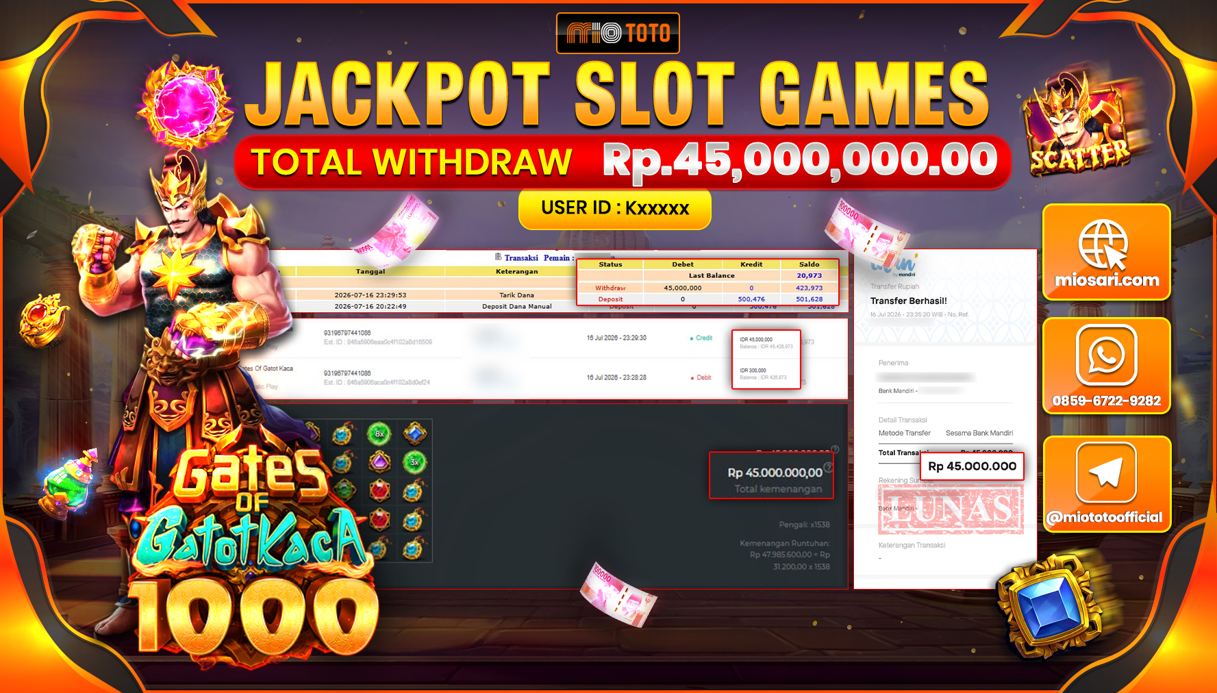 JACKPOT SLOT GATES OF GATOT KACA 1000 Rp.45,000,000 DI BAYAR TUNAI !!!
