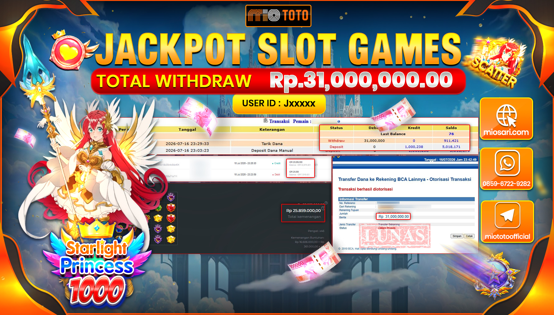 JACKPOT SLOT STARLIGHT PRINCESS 1000 Rp.31,000,000 DI BAYAR TUNAI !!!