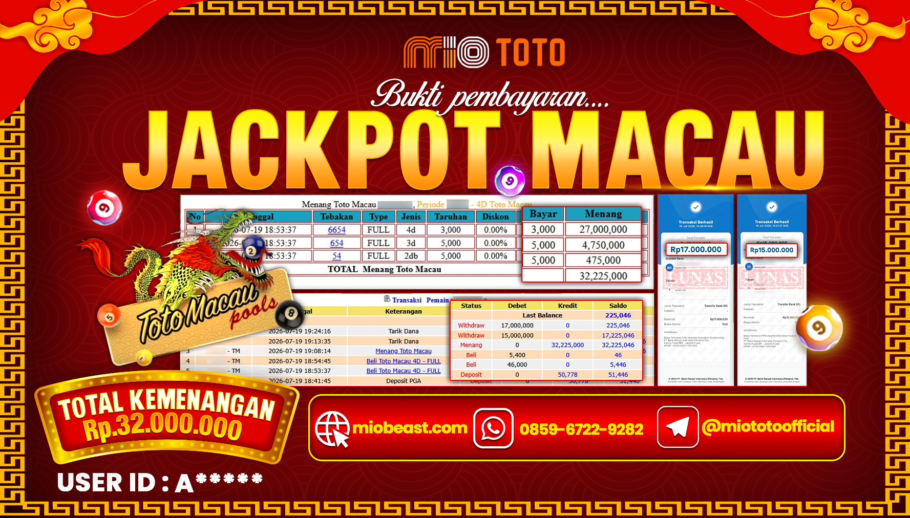 JACKPOT TOGEL TOTO MACAU 4D POOLS Rp.32,000,000 DI BAYAR TUNAI !!!