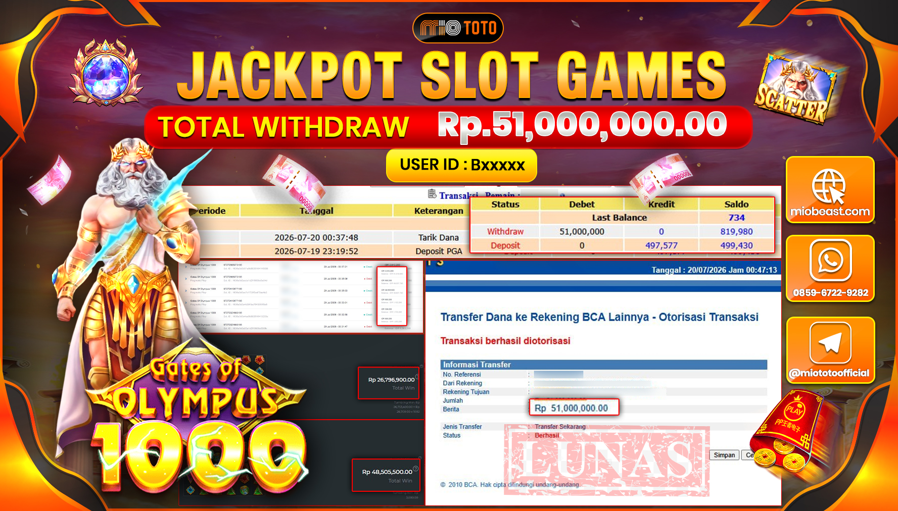 JACKPOT SLOT GATES OF OLYMPUS 1000 Rp.51,000,000 DI BAYAR TUNAI !!!