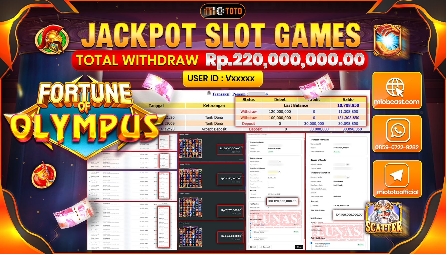 JACKPOT SLOT FORTUNE OF OLYMPUS Rp.220,000,000 DI BAYAR TUNAI !!!