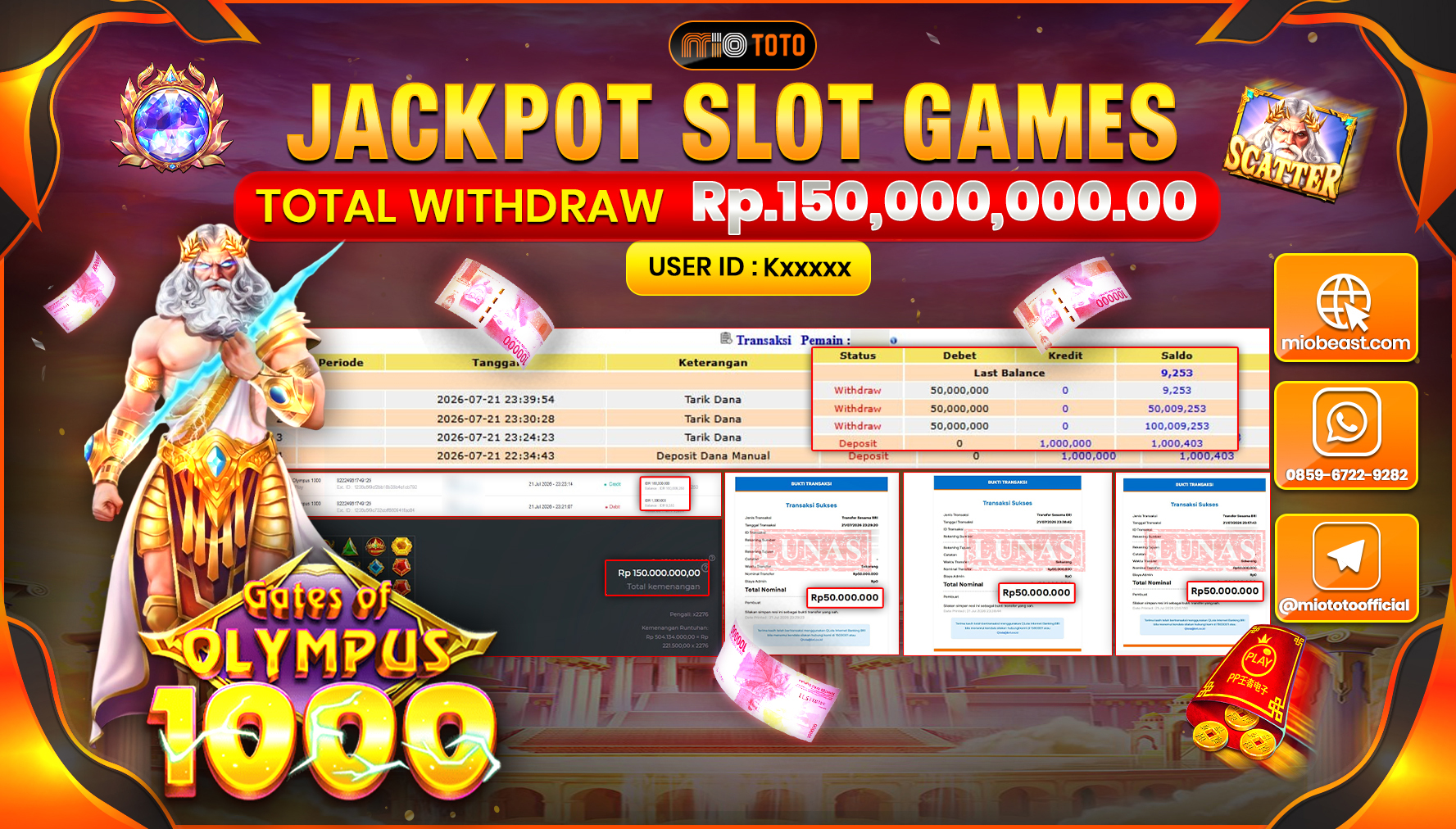 JACKPOT SLOT GATES OF OLYMPUS 1000 Rp.150,000,000 DI BAYAR TUNAI !!!