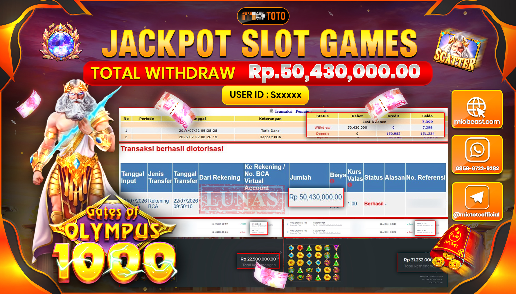 JACKPOT SLOT GATES OF OLYMPUS 1000 Rp.50,430,000 DI BAYAR TUNAI !!!