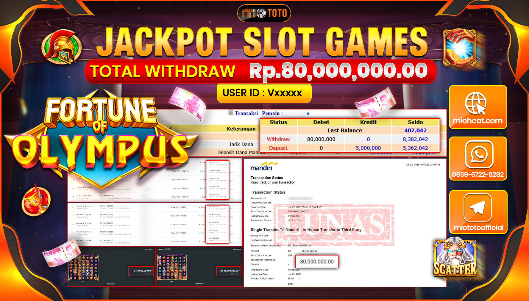 JACKPOT SLOT FORTUNE OF OLYMPUS Rp.80,000,000 DI BAYAR TUNAI !!!
