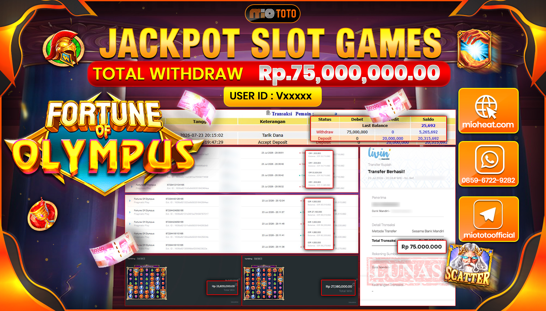 JACKPOT SLOT FORTUNE OF OLYMPUS Rp.75,000,000 DI BAYAR TUNAI !!!