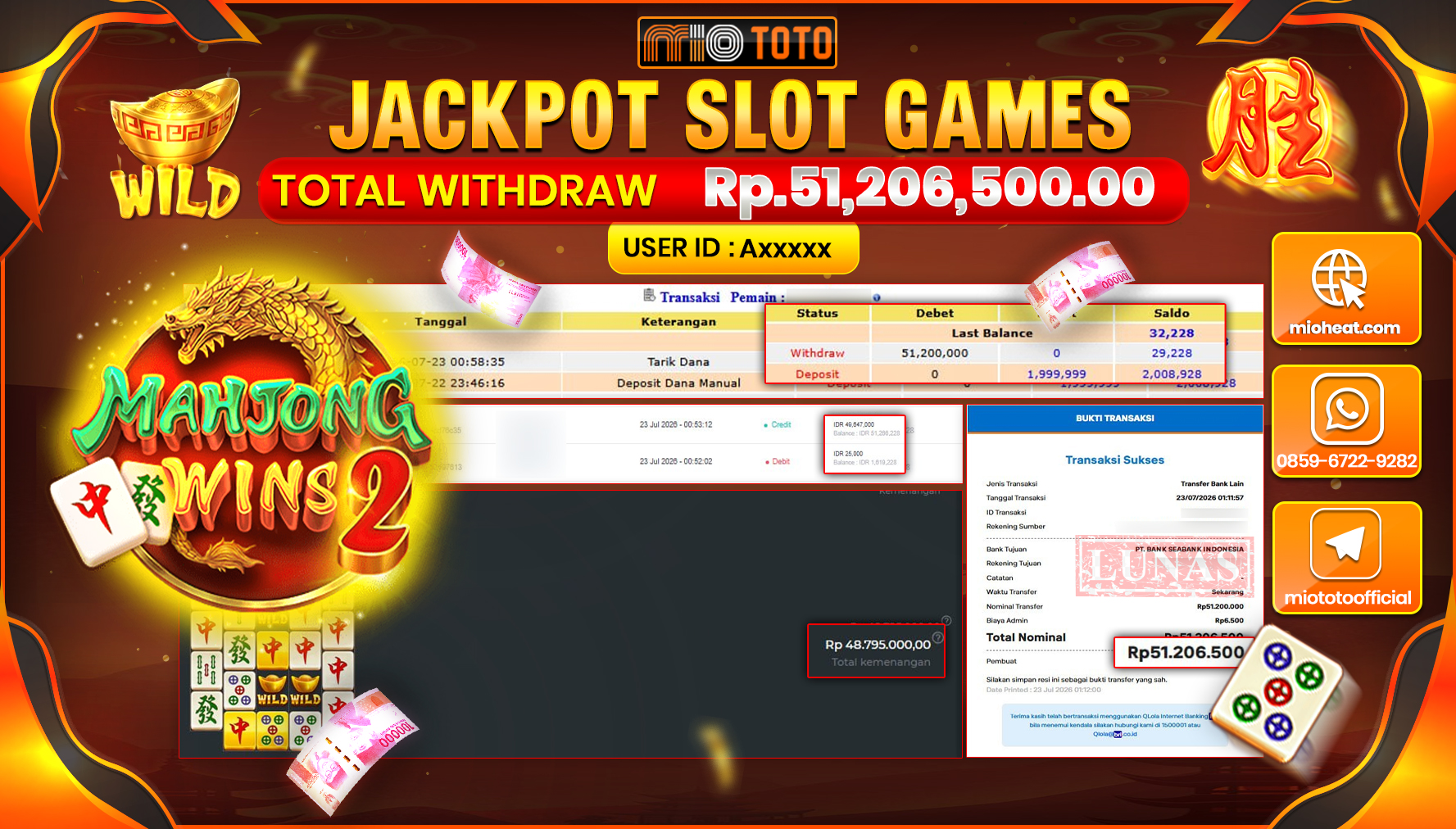 JACKPOT SLOT MAHJONG WINS 2 Rp.51,206,500 DI BAYAR TUNAI !!!