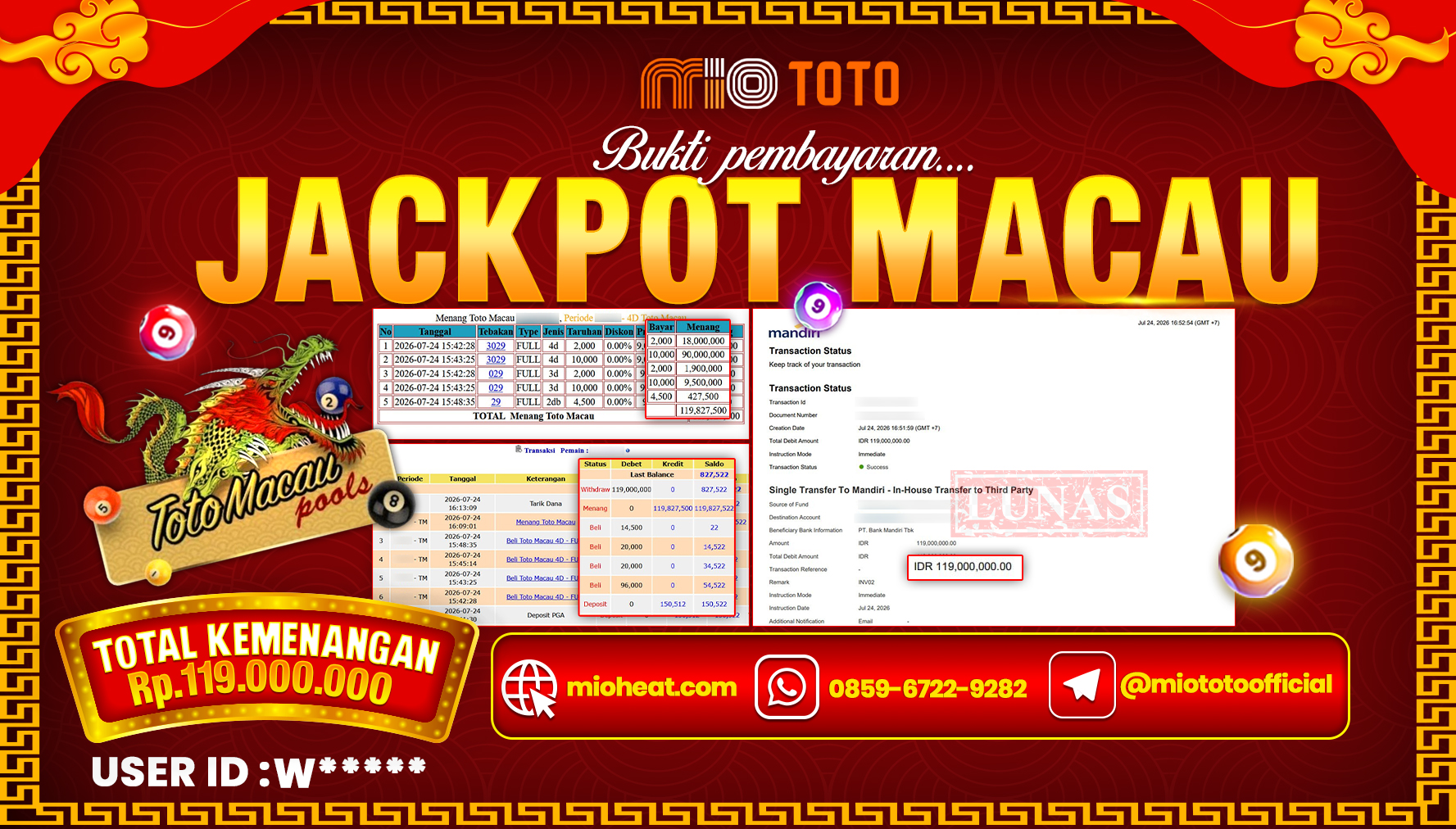 JACKPOT TOGEL TOTO MACAU 4D POOLS Rp.119,000,000 DI BAYAR TUNAI !!!