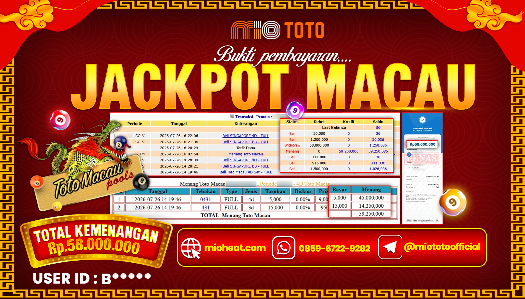 JACKPOT TOGEL TOTO MACA 4D POOLS Rp.58,000,000 DI BAYAR TUNAI !!!