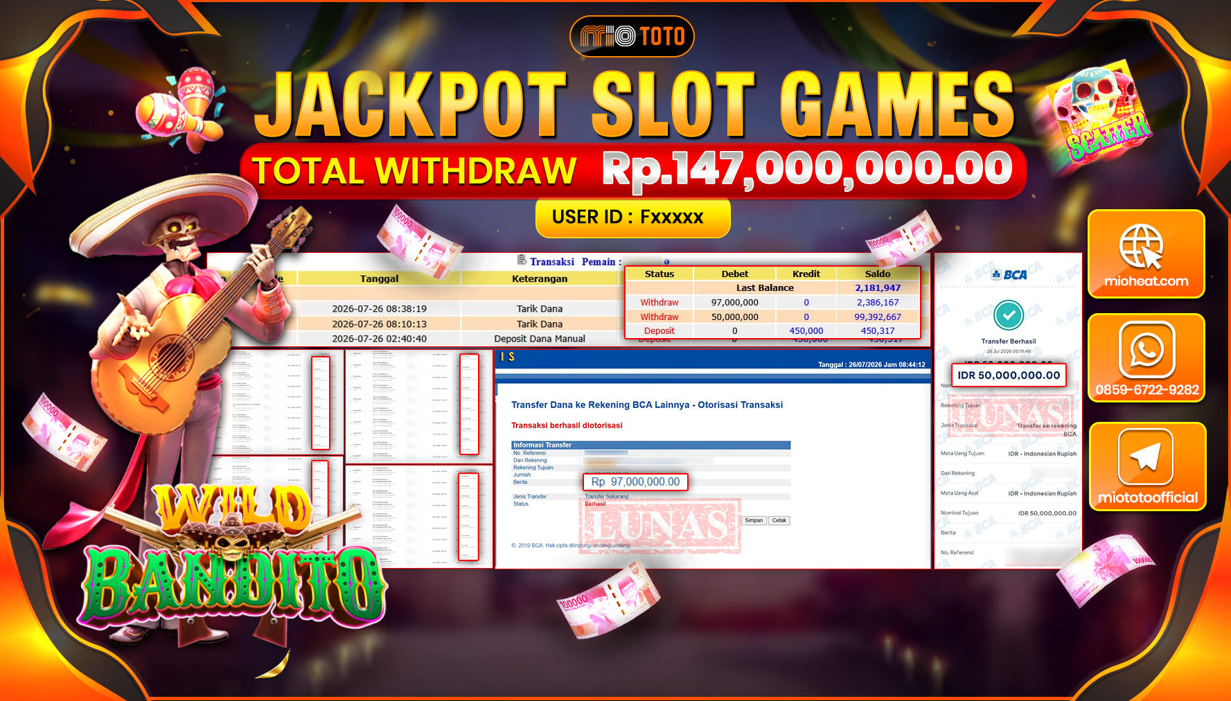 JACKPOT SLOT WILD BANDITO Rp.147,000,000 DI BAYAR TUNAI !!!