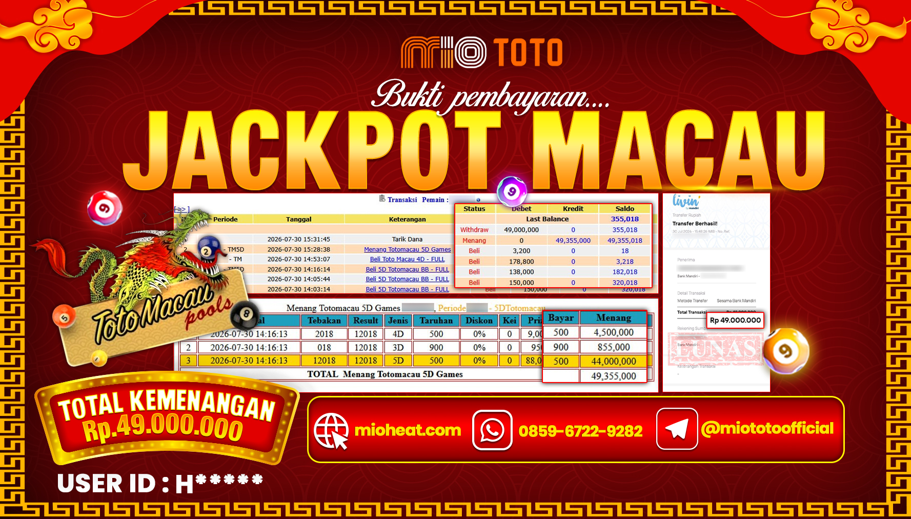 JACKPOT TOGEL TOTO MACAU 5D POOLS Rp.49,000,000 DI BAYAR TUNAI !!!