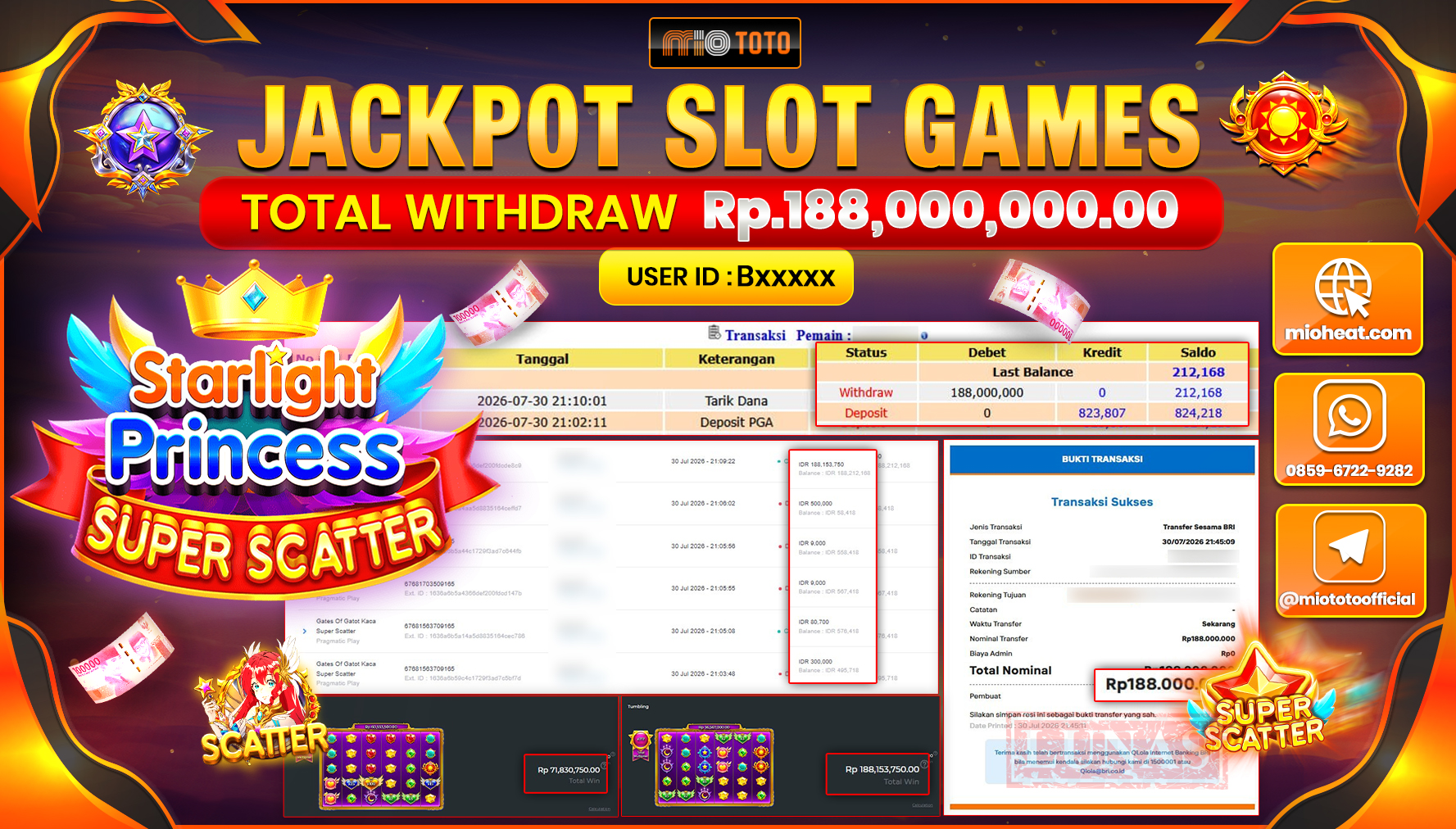 JACKPOT SLOT STARLIGHT PRINCESS SUPER SCATTER Rp.188,000,000 DI BAYAR TUNAI !!!