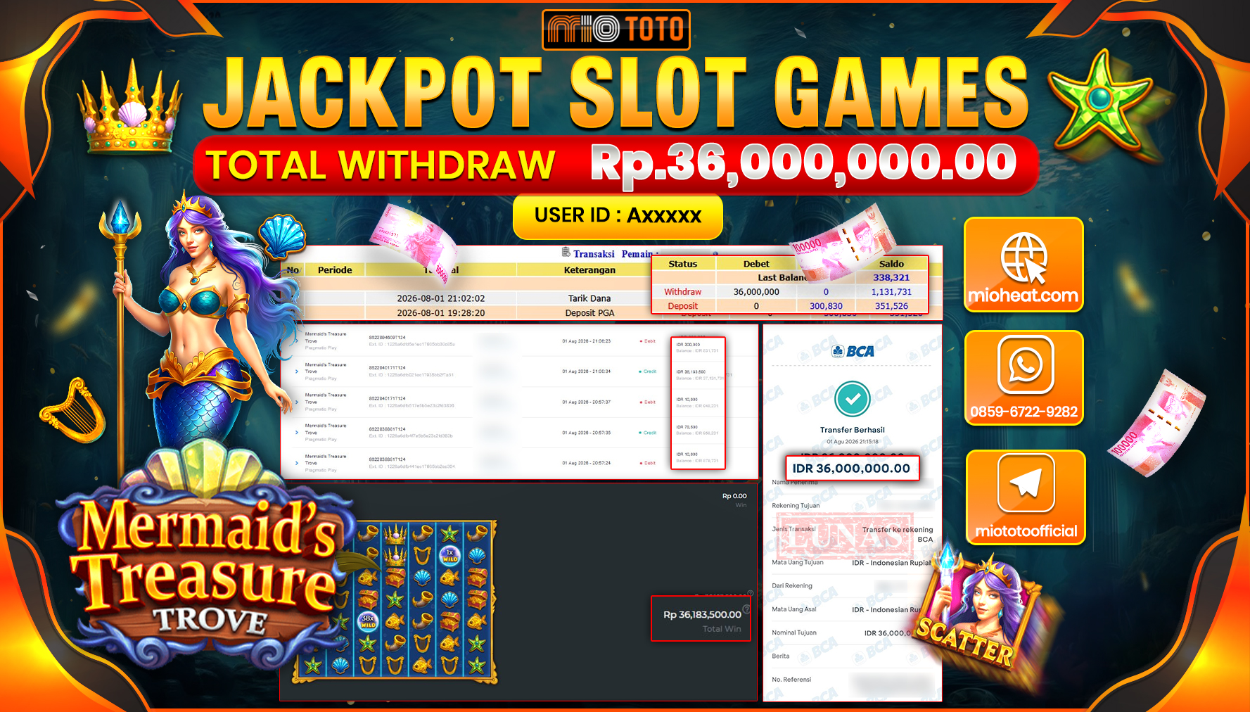 JACKPOT SLOT MERMAIDS TREASURE TROVE Rp.36,000,000 DI BAYAR TUNAI !!!