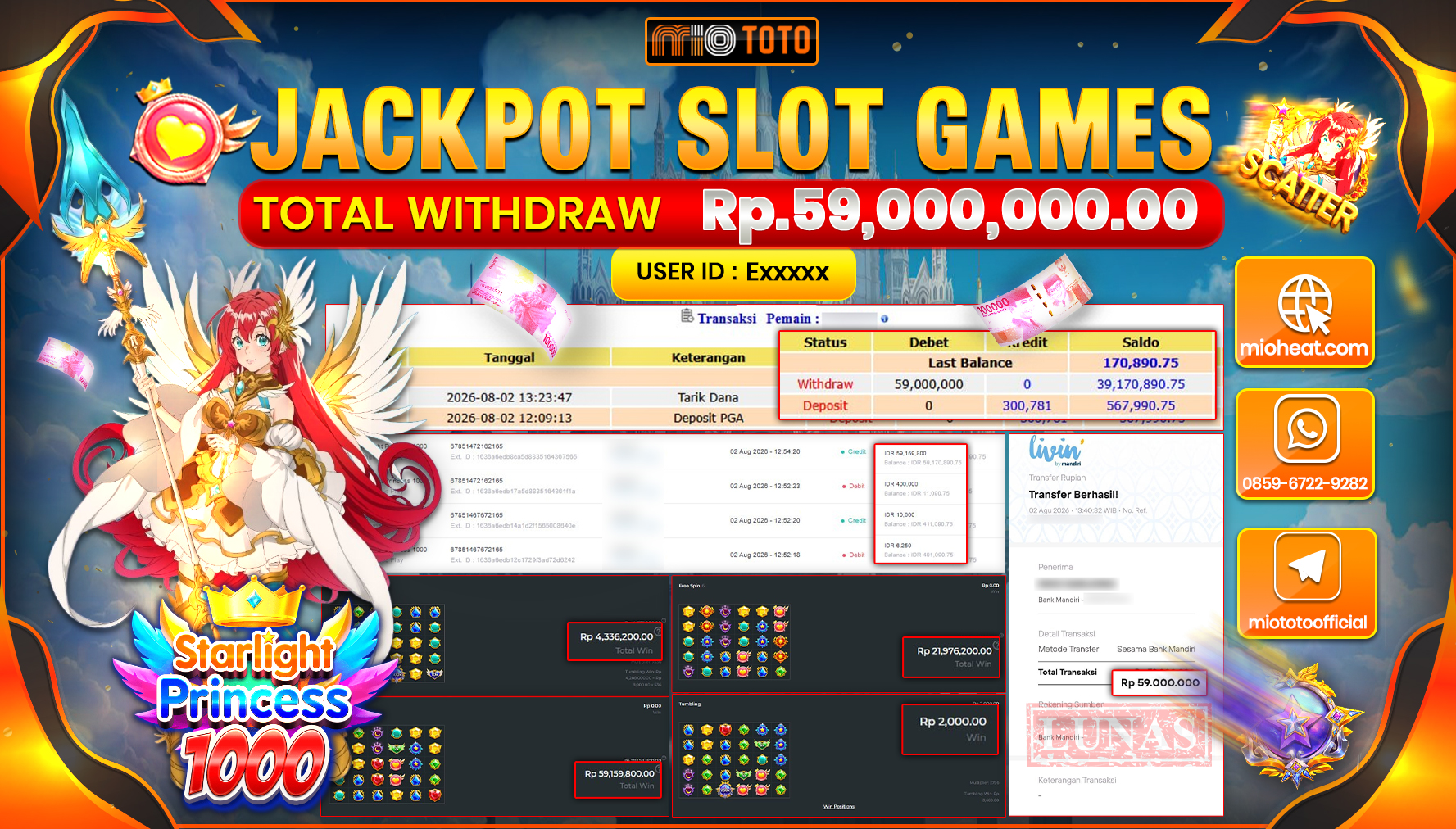 JACKPOT SLOT STARLIGHT PRINCESS 1000 Rp.59,000,000 DI BAYAR TUNAI !!!