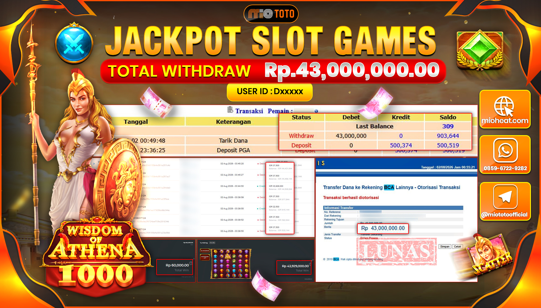 JACKPOT SLOT WISDOM OF ATHENA 1000 Rp.43,000,000 DI BAYAR TUNAI !!!