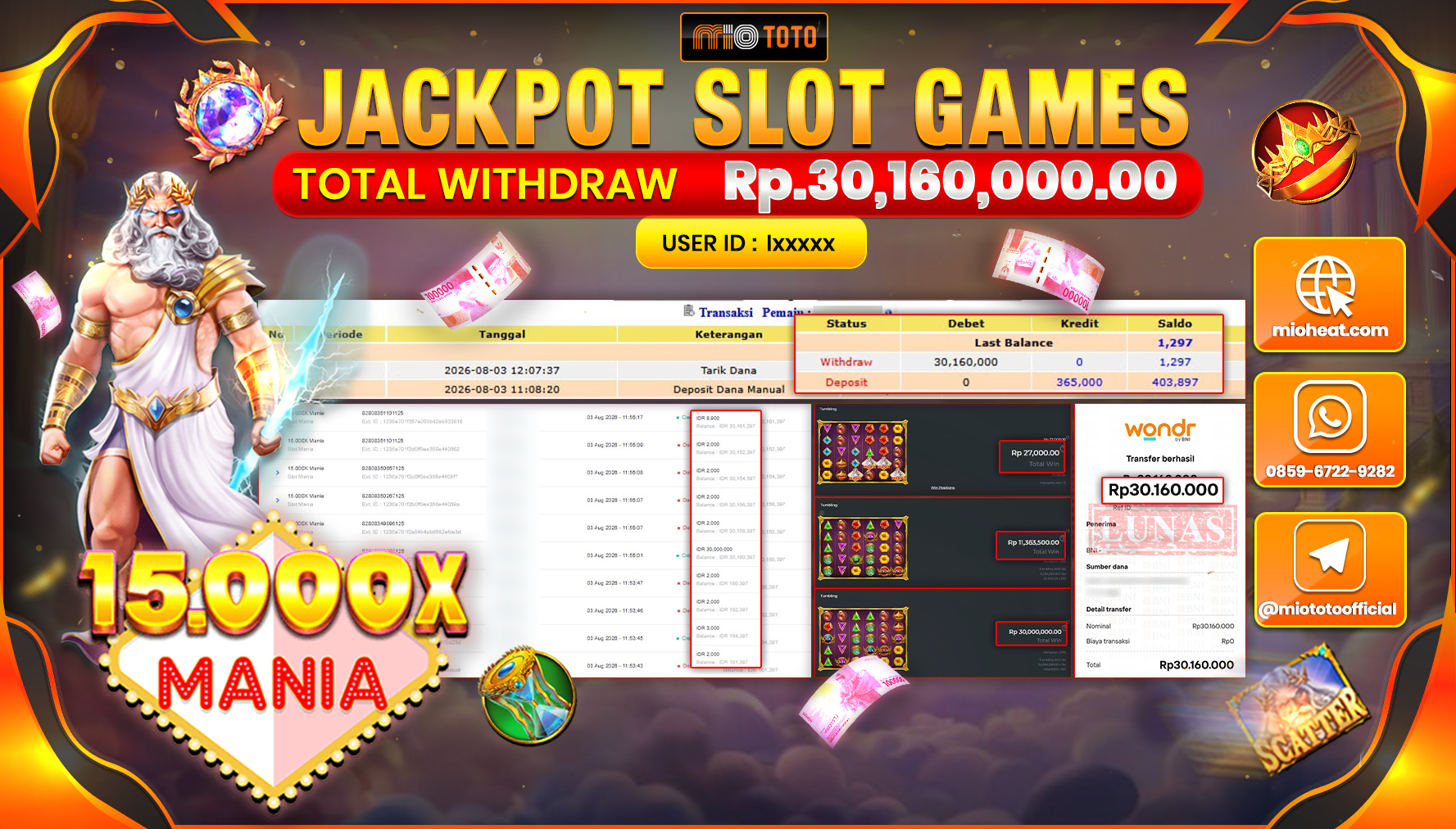 JACKPOT SLOT MANIA 15.000X Rp.30,160,000 DI BAYAR TUNAI !!!