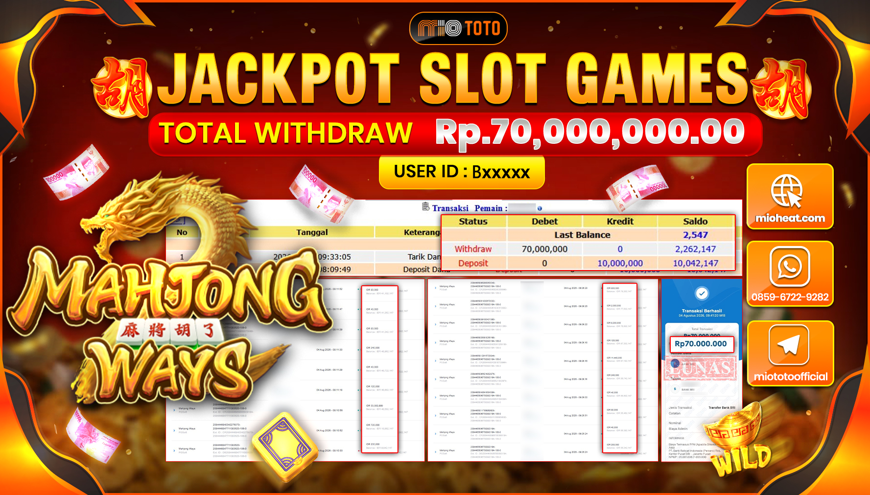 JACKPOT SLOT MAHJONG WAYS Rp.70,000,000 DI BAYAR TUNAI !!!