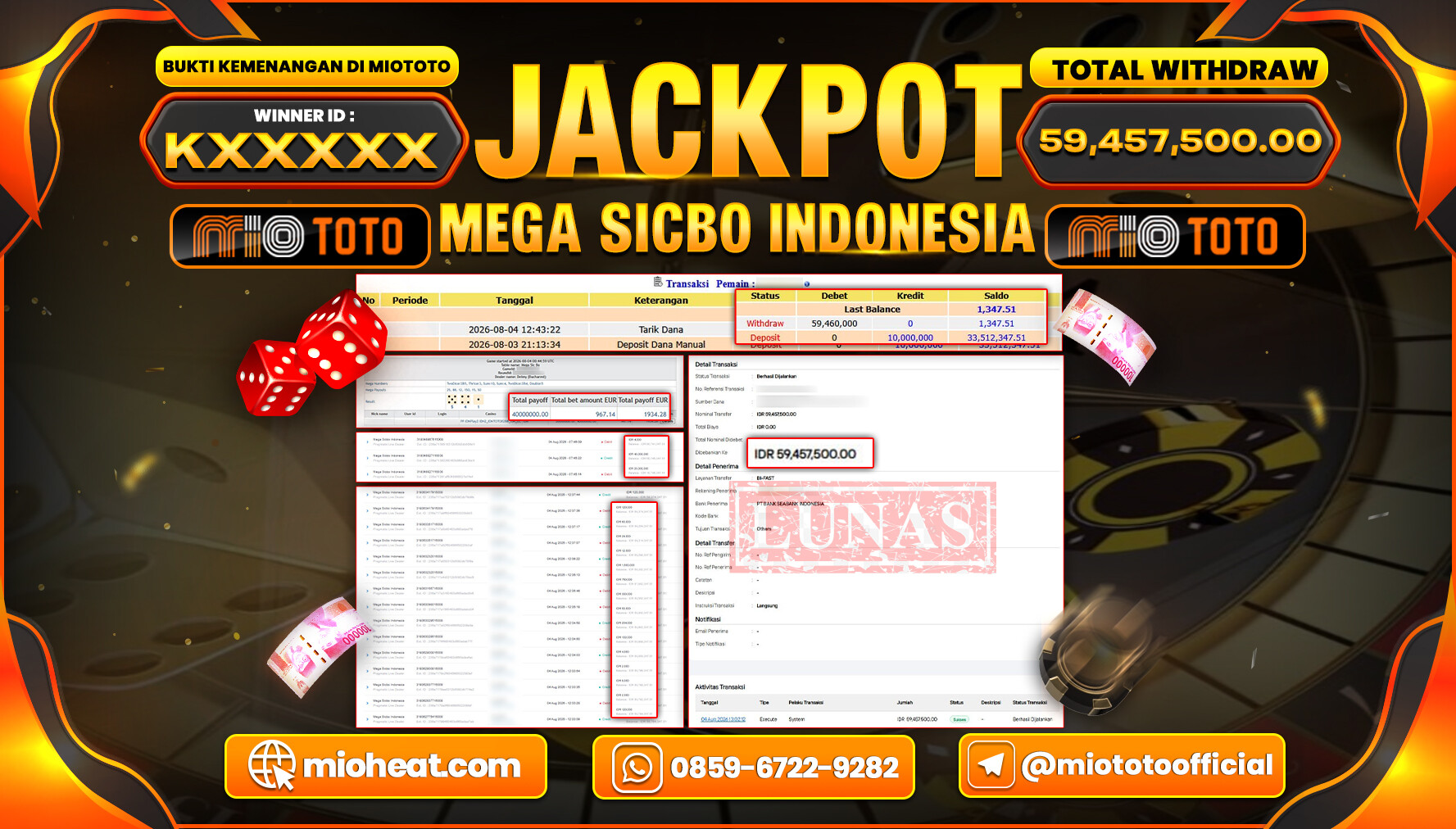 JACKPOT LIVE GAME MEGA SICBO INDONESIA Rp.59,457,500 DI BAYAR TUNAI !!!