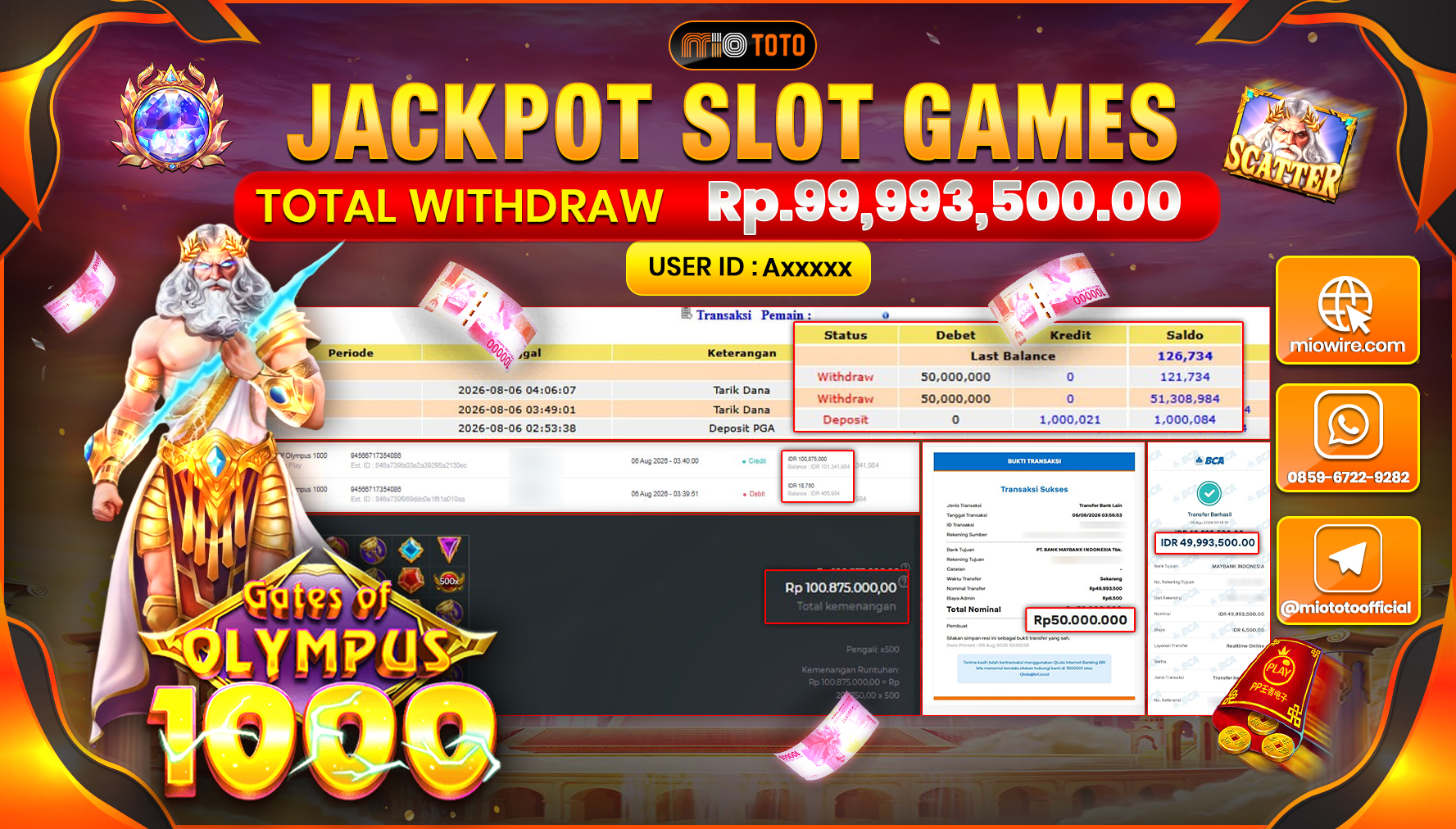 JACKPOT SLOT GATE OF OLYMPUS 1000 Rp.99,993,500 DI BAYAR TUNAI !!!