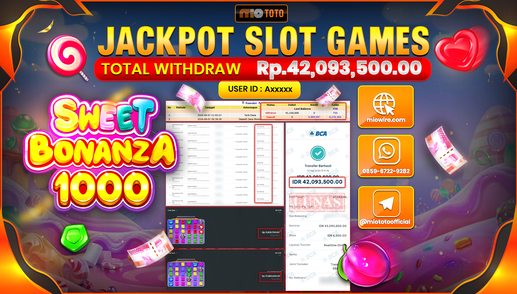 JACKPOT SLOT SWEET BONANZA 1000 Rp.42,093,500 DI BAYAR TUNAI !!!