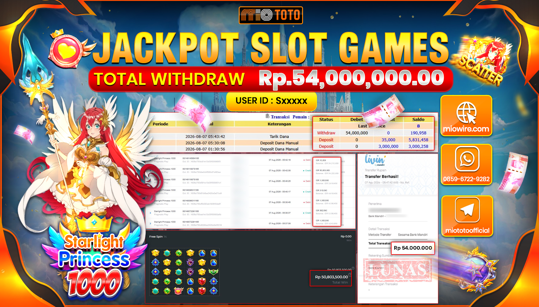 JACKPOT SLOT STARLIGHT PRINCESS 1000 Rp.54,000,000 DI BAYAR TUNAI !!!