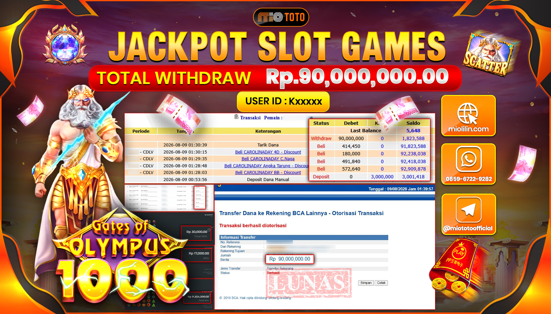 JACKPOT SLOT GATES OF OLYMPUS 1000 Rp.90,000,000 DI BAYAR TUNAI !!!