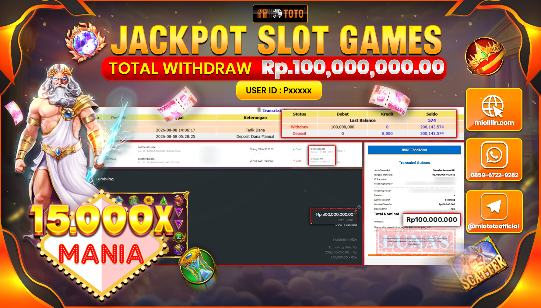 JACKPOT SLOT MANIA 15.000X Rp.100,000,000 DI BAYAR TUNAI !!!