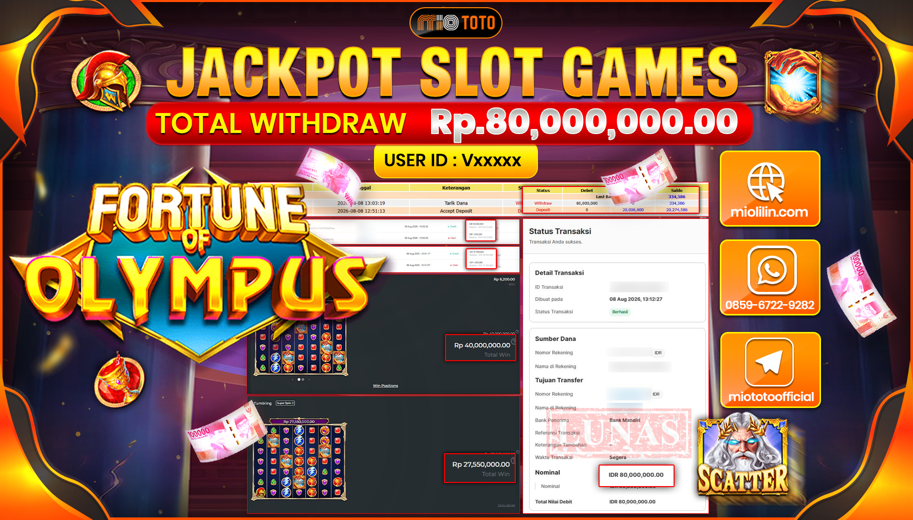 JACKPOT SLOT FORTUNE OF OLYMPUS Rp.80,000,000 DI BAYAR TUNAI !!!