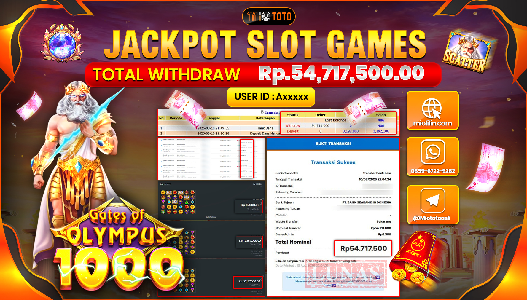 JACKPOT SLOT GATES OF OLYMPUS 1000 Rp.54,717,500 DI BAYAR TUNAI !!!