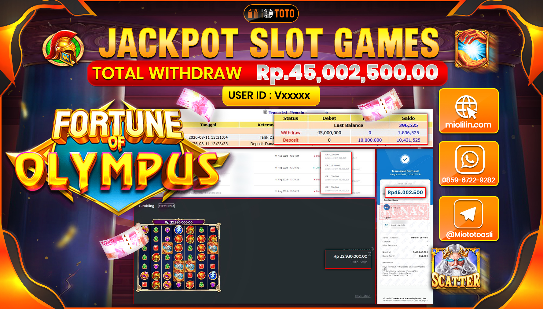 JACKPOT SLOT FORTUNE OF OLYMPUS Rp.45,002,500 DI BAYAR TUNAI !!!