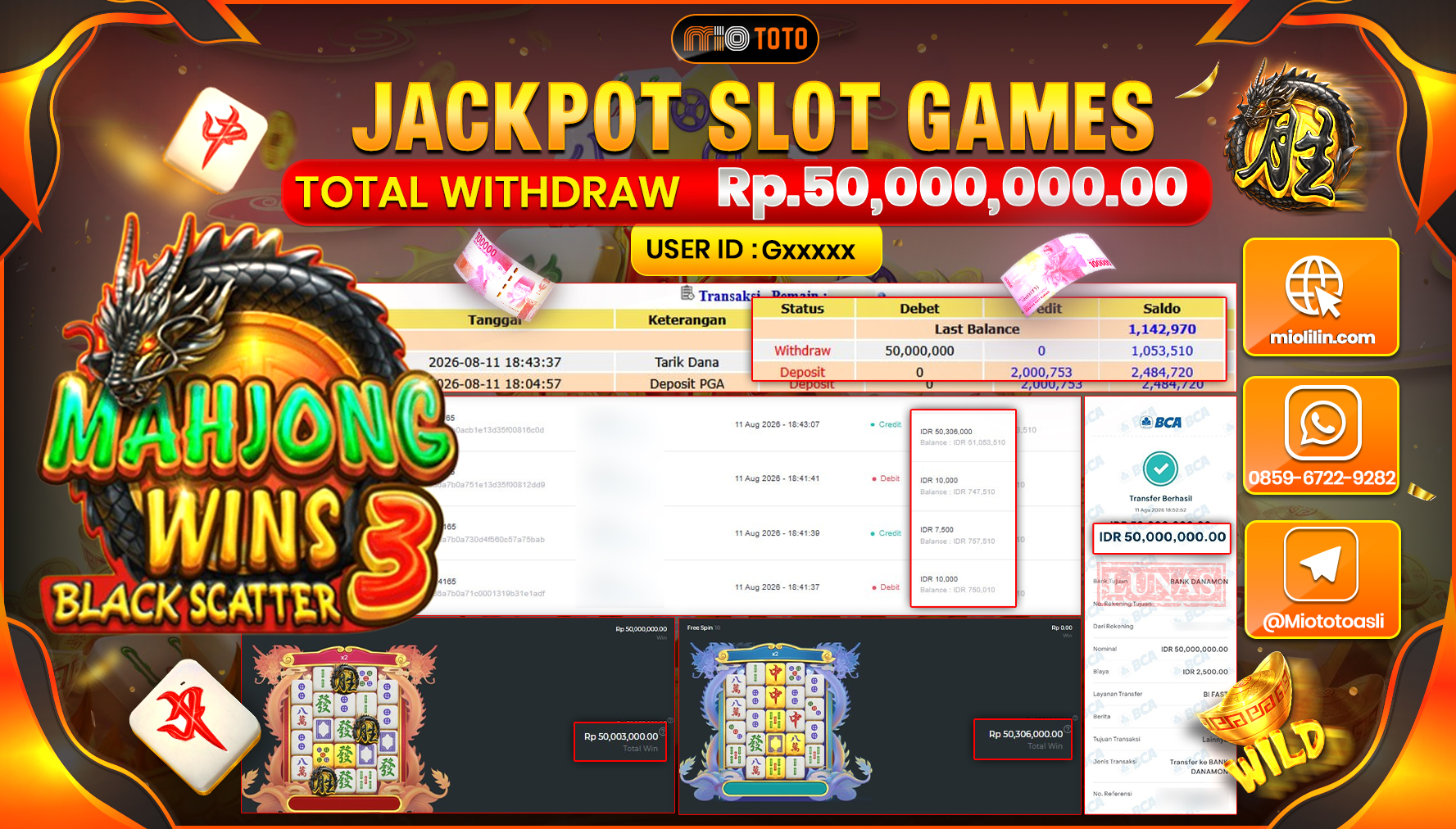 JACKPOT SLOT MAHJONG WINS 3 BLACK SCATTER Rp.50,000,000 DI BAYAR TUNAI !!!