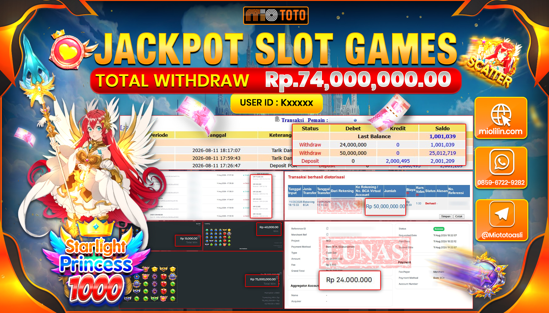 JACKPOT SLOT STARLIGHT PRINCESS 1000 Rp.74,000,000 DI BAYAR TUNAI !!!
