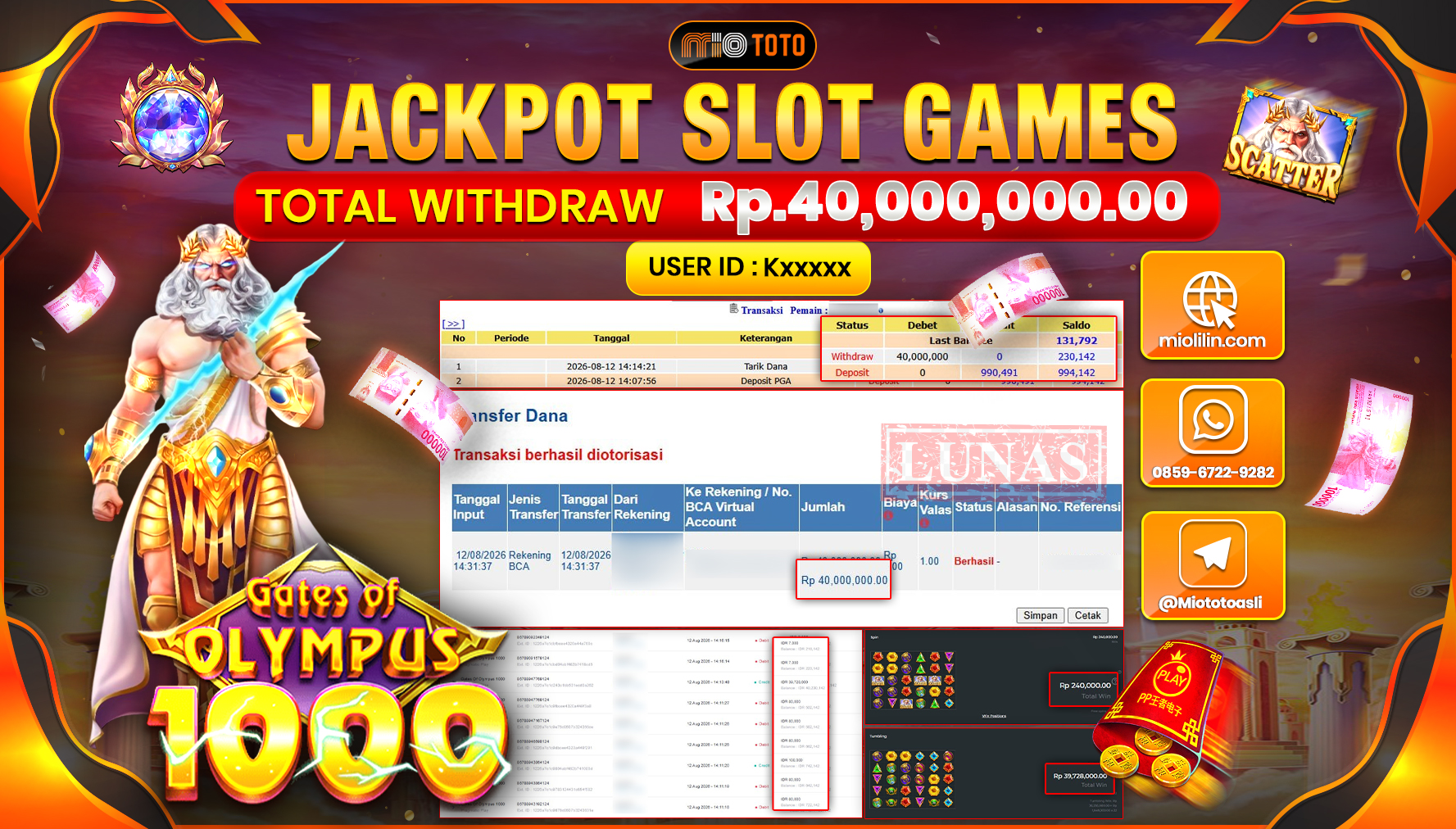 JACKPOT SLOT GATES OF OLYMPUS 1000 Rp.40,000,000 DI BAYAR TUNAI !!!