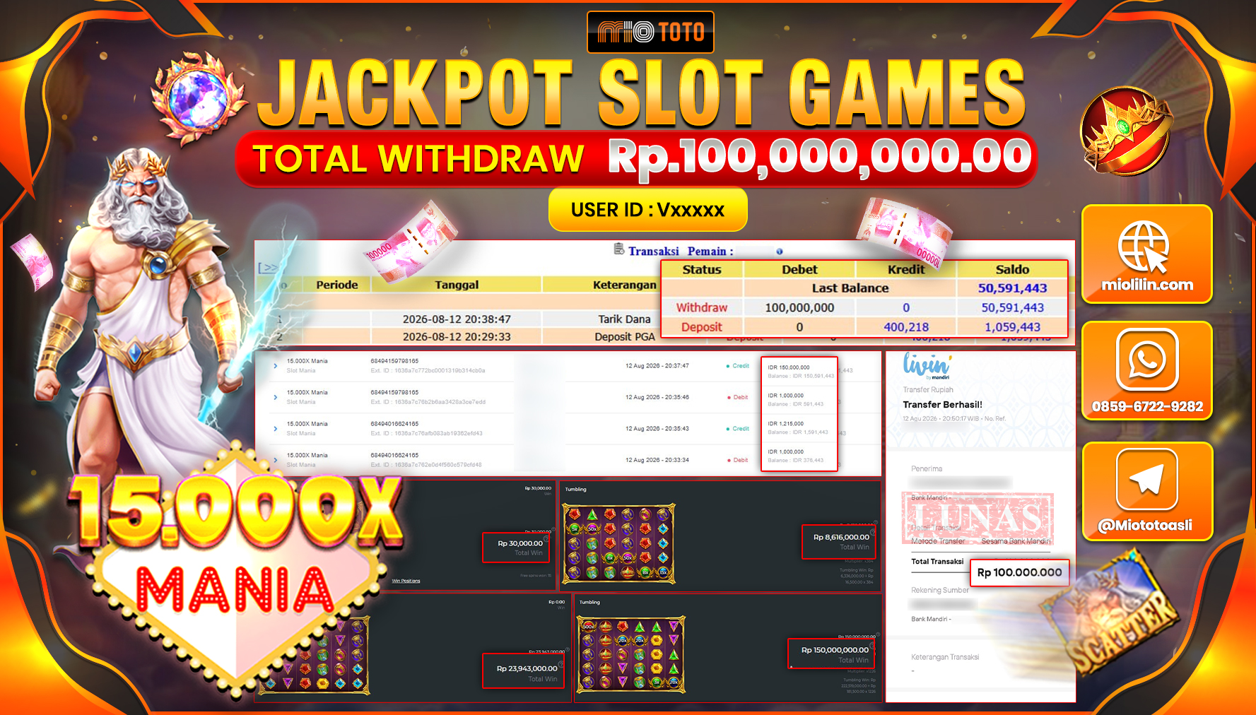 JACKPOT SLOT MANIA 15.000X Rp.100,000,000 DI BAYAR TUNAI !!!