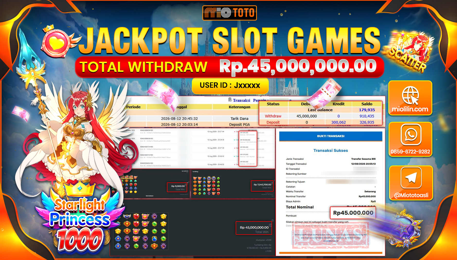 JACKPOT SLOT STARLIGHT PRINCESS 1000 Rp.45,000,000 DI BAYAR TUNAI !!!