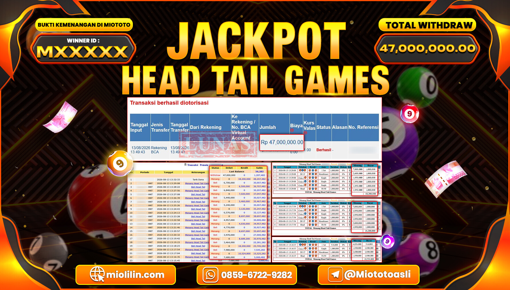 JACKPOT LIVE GAME HEAD TAIL GAMES Rp.47,000,000 DI BAYAR TUNAI !!!